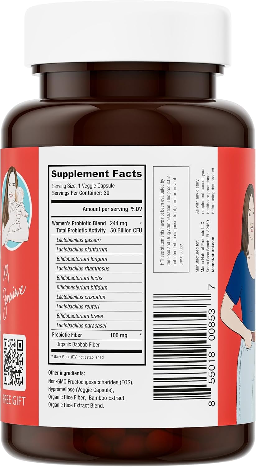 Mama Natural Womens Probiotic – Vaginal, Gut Health & Immune Support Supplement – with Organic Prebiotics (30 Count) - Lactobacillus & Bifidobacterium Probiotic - 50 Billion CFU & 10 Strains