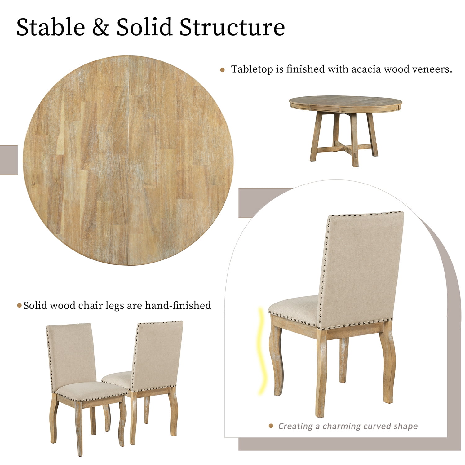 Harper & Bright Designs Round Extendable Dining Table Set for 4, 5 Piece Farmhouse Wood Dining Table Set with 4 Upholstered Dining Chairs, Natural Wood Wash
