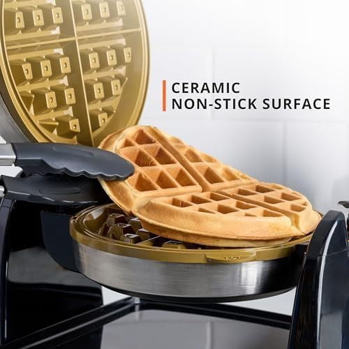 Waffle Maker, Rotating Belgian Waffle Maker, 180° Flip Waffle Iron, Ceramic Non-Stick Plate, 3 Browning Control Levels, Foldable Cool Touch Handle, Removable Drip Tray, Stainless Steel