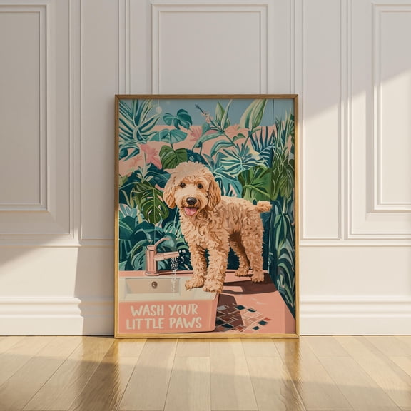 Wash Your Paws Goldendoodle Bathroom Wall Decor Doodle Dog Mom Wall Art Botanical Tet Sign Poster UNFRAMED Poster, Wall Art for Decor, Present, 8x12