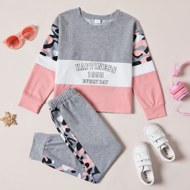 PatPat Kid Girls Pullover Printed Colorblock Sweatshirt and Joggers Set 2 Piece Sizes 4-12