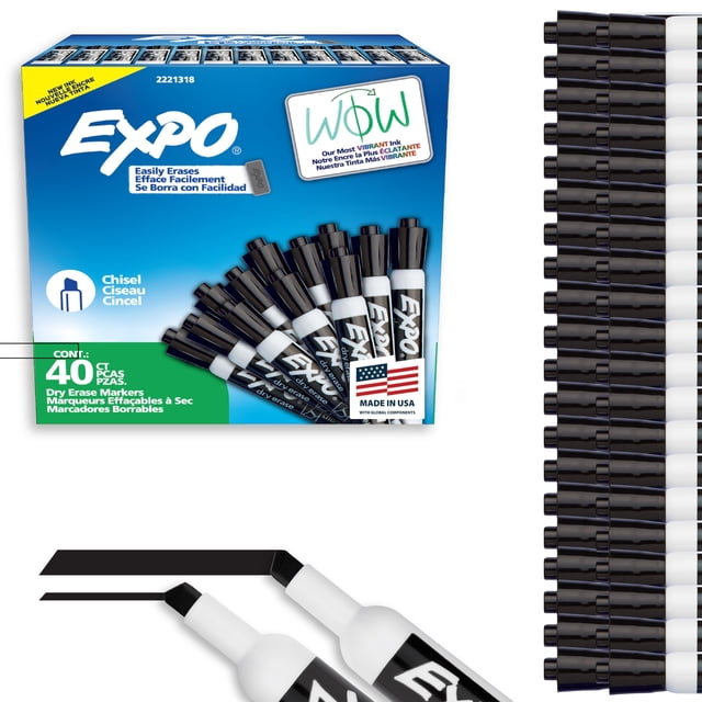 Rotuladores de borrado en seco EXPO, tinta negra con bajo olor, punta cincelada, 40 unidades