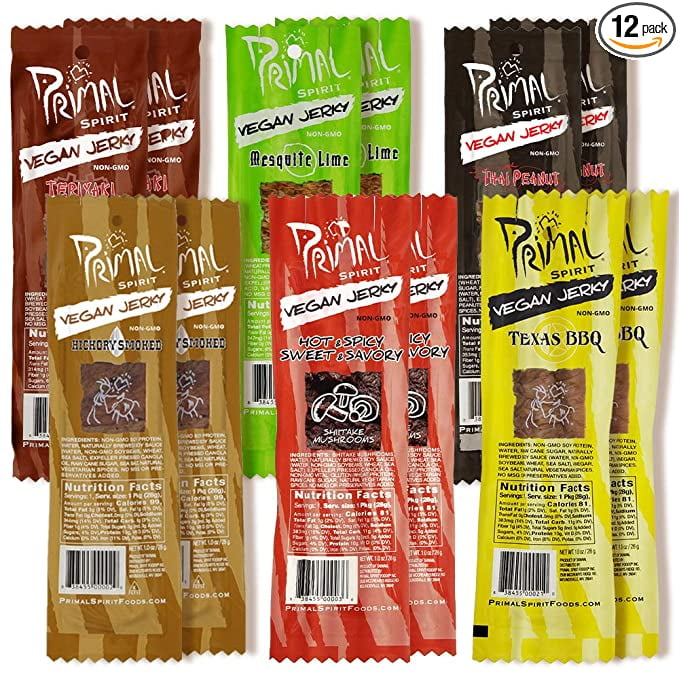 Primal Spirit Vegan Jerky - Our Sampler Pack, 10g. Plant Based Protein, Certified Non-GMO ('The Classics' Thai Peanut, Mesquite Lime, Teriyaki, Hot & Spicy, Hickory Smoked, & Texas BBQ, 12-Pack, 1