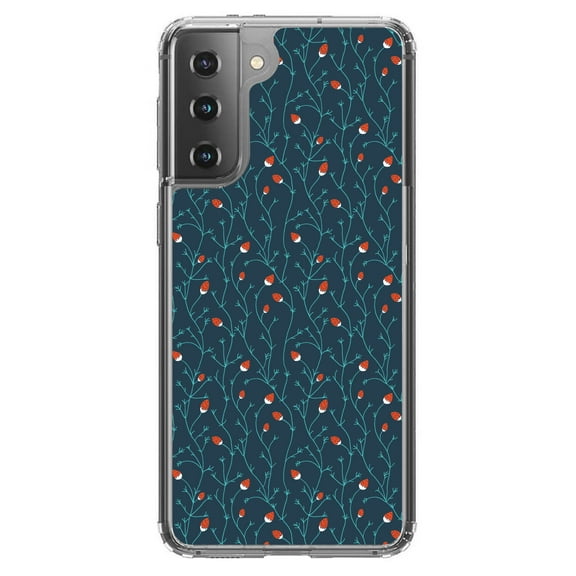 DistinctInk Clear Shockproof Hybrid Case for Galaxy S21 5G (6.2" Screen) - TPU Bumper, Acrylic Back, Tempered Glass Screen Protector - Modern Floral - Strawberry Vine - Teal Navy