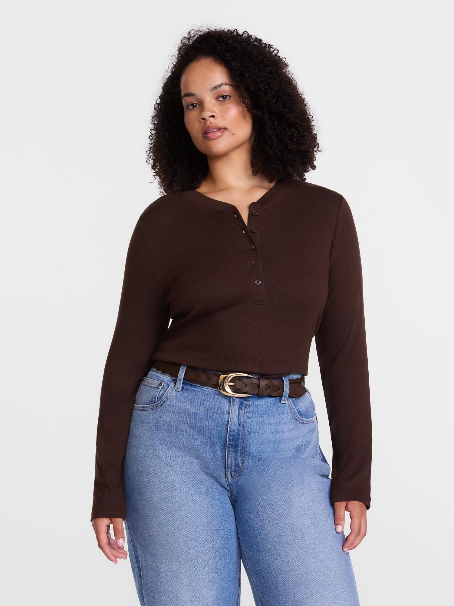 Scenario Women's and Women's Plus Rib Henley with Long Sleeves, Sizes XS-4X