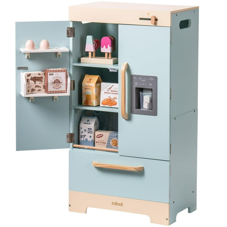 Robud Play Kitchen for Toddlers Fridge Refrigerator with Ice Dispenser Wooden Kids Play Kitchen Playset Toy Gift for Ages 3 Blue