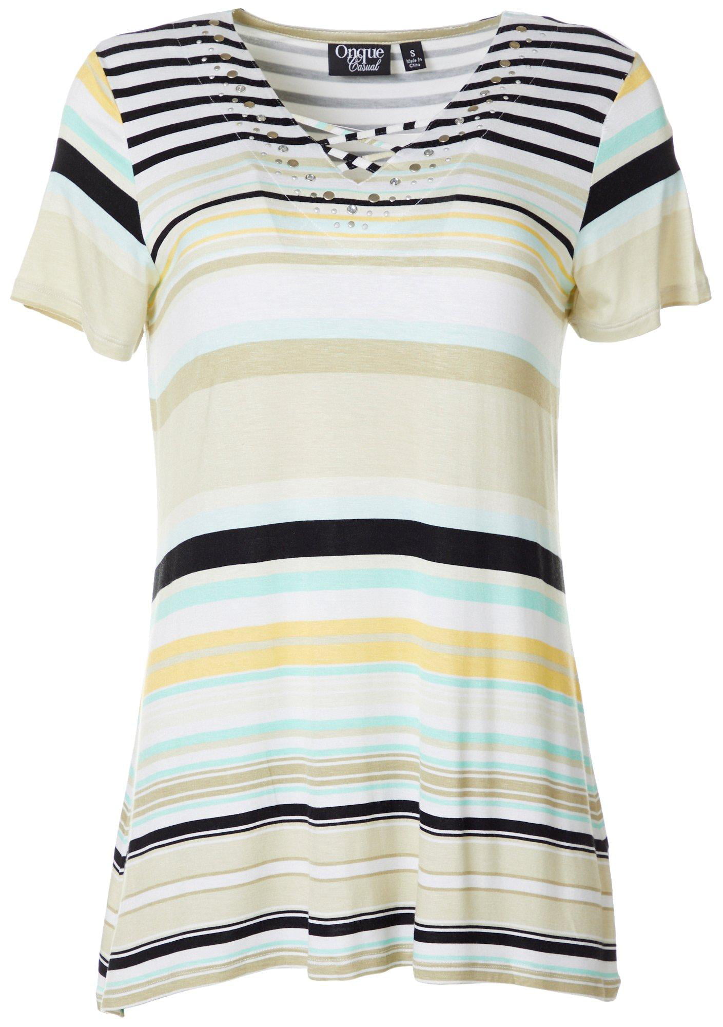 Onque Casual - Onque Casual Womens Stripe Lace Up V-Neck Short Sleeve ...