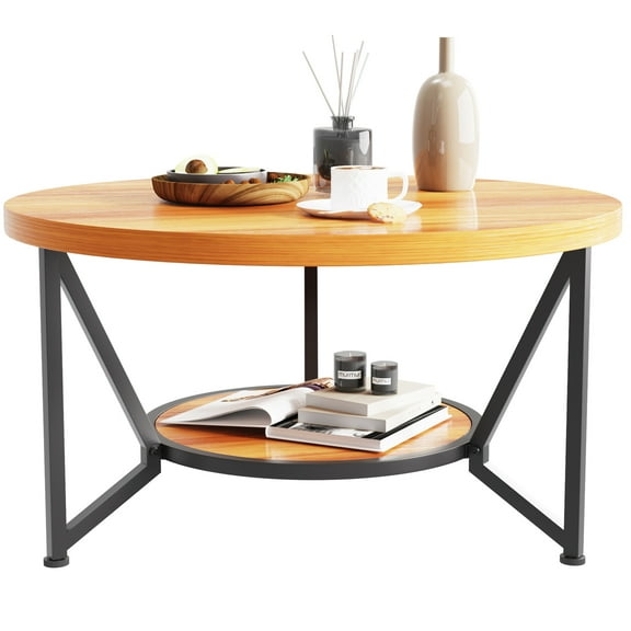 31.7" Round Coffee Table with 2-Tier Storage - Modern Wood & Metal Design for Living Room, Bedroom or Office