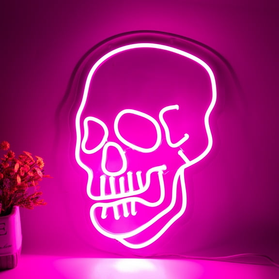 Skull Neon Sign Halloween Decorations Skull Neon Light Sign  12.8 X 8.8 Inch Hot Pink USB and Battery Powered Skeleton Ghost Neon Sign for Bedroom Mancave Bar Shop Party