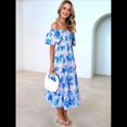 thumbnail image 4 of Vestido Midi Informal de Verano para Mujer, de Corta, Abullonado, con Cuello Cuadrado y Volantes Escalonados Flores Azul XL, 4 of 7