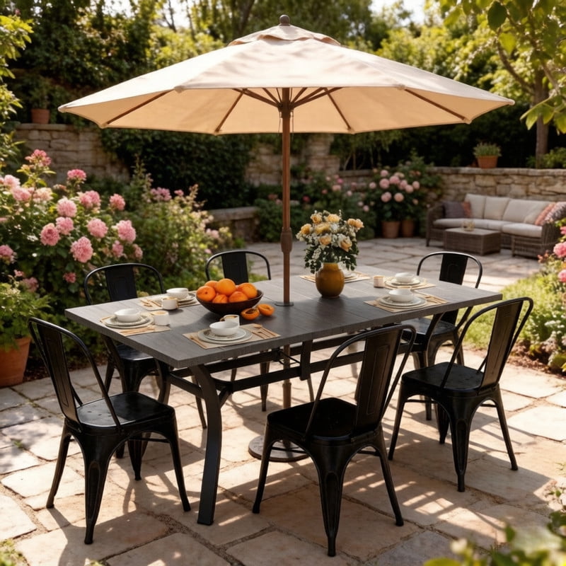 Howcool Outdoor Rectangular Dining Table w/ Imitation Wooden Tabletop, Iron Patio Table w/ Umbrella Hole