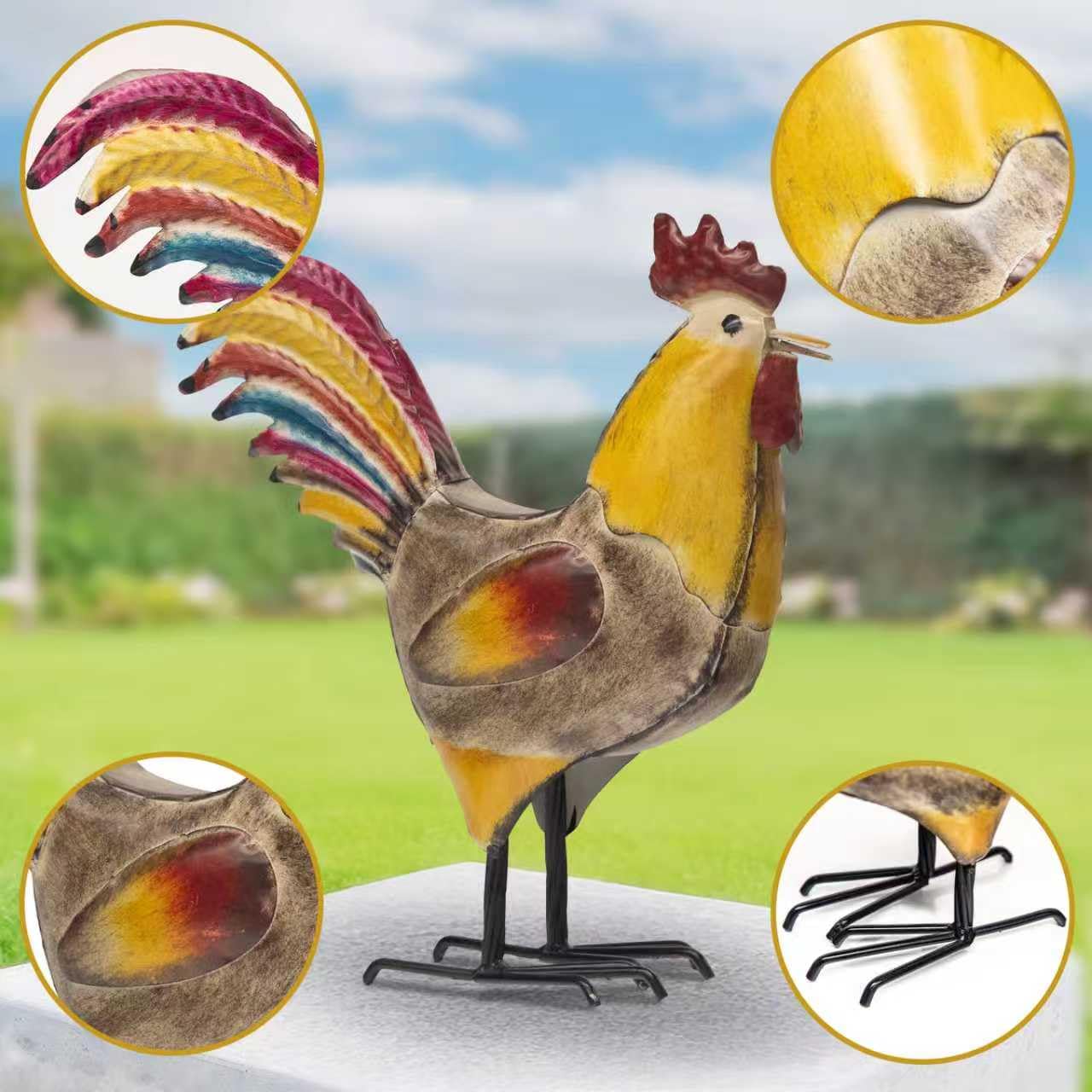 MODE HOME Metal Rooster and Hen Statues Set of 2, Indoor Outdoor Chicken Yard Art Decorations, Farmhouse Kitchen Table Garden Patio Lawn Decor, Gray Yellow Sculptures 12.2x11.5 Inch