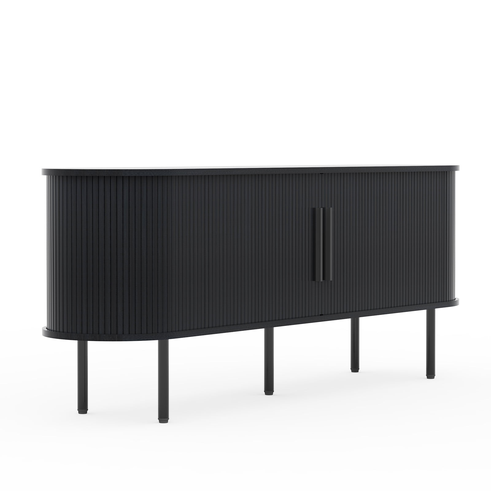 Embossed Particle Board TV Stand, Oval Tabletop 147x35x58cm, Entertainment Center with Slatted Sliding Doors, Modern Media Console Cabinet for Living Room, Black