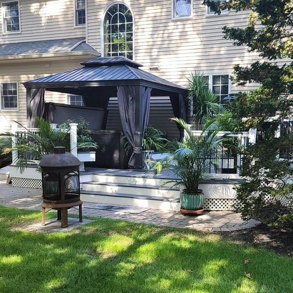 PURPLE LEAF 10' X 14' Permanent Hardtop Gazebo Aluminum Gazebo with Galvanized Steel Double Roof for Patio Lawn and Garden, Curtains and Netting Included, Gray