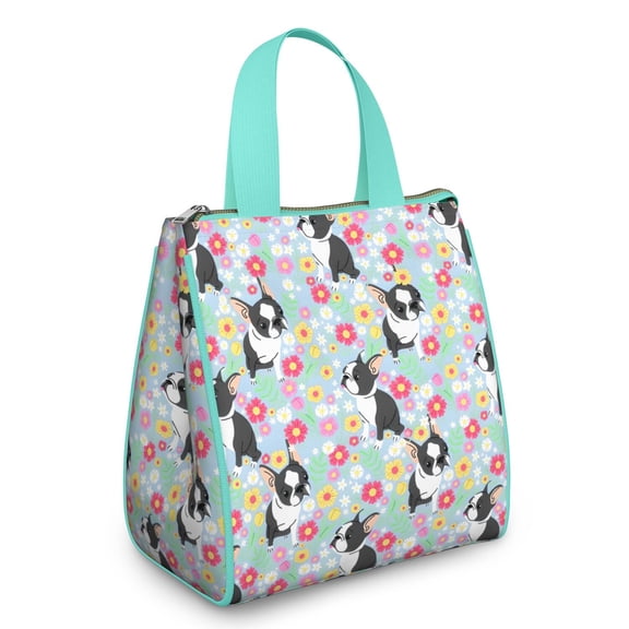 Boston Terriers and Flowers Insulated Lunch Bag for Women & Adults,Large Portable Soft Cooler Lunch Bag,Thermal Food Storage Tote with Pearl Cotton,8.66L,8.75x5.75x9.5 Inch