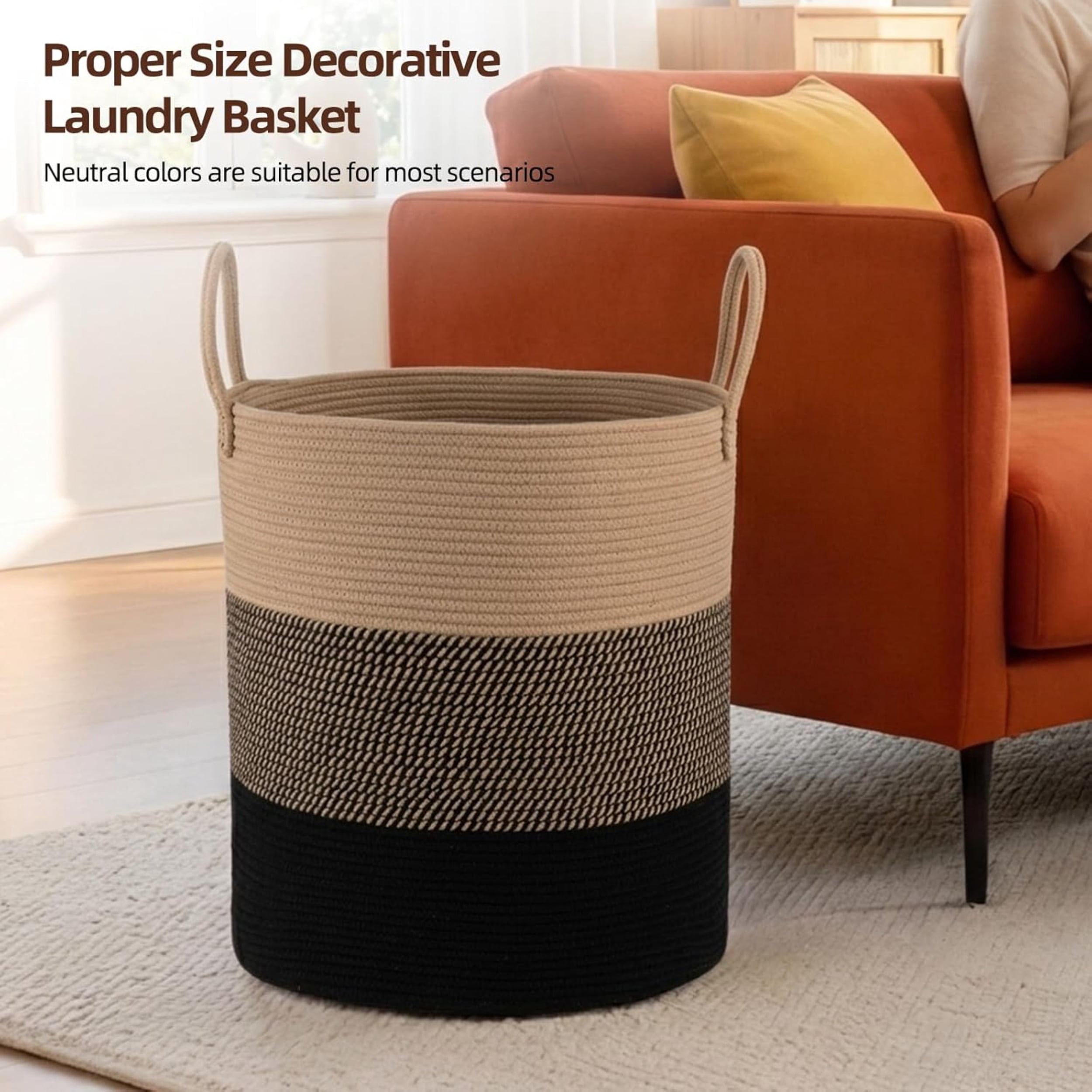 Laundry Basket, Woven Cotton Rope Laundry Hamper for Decor Storage of Dirty ClothesToys and Blankets in Bathroom, Baby Room and Living Room