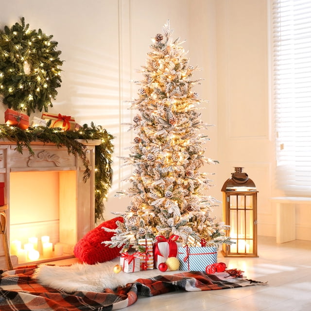 Gymax 6 FT Pre-Lit Artificial Christmas Tree Snow-Flocked Hinged Xmas Tree