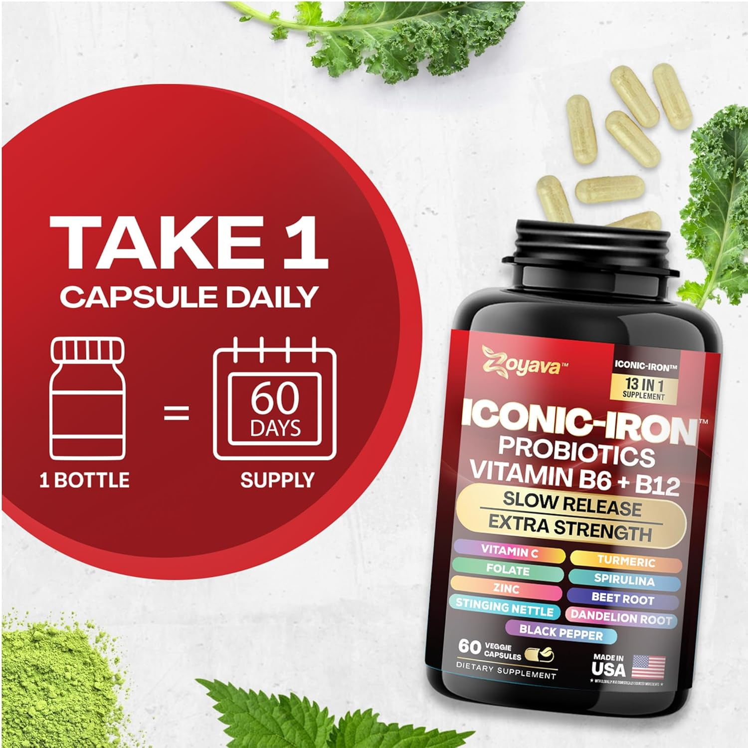Zoyava Iron Supplement – Slow Release Iron Vitamin with B12, Folate, Zinc & Probiotics for Men & Women