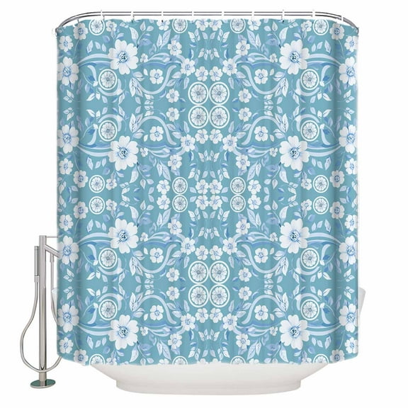 Extra Long Shower Curtain 72x84 Inch, Blue Floral Shower Curtain Waterproof Bathroom Decor Vintage Pastoral Botanical Leaves Fabric Bath Curtain Set Accessories with Hooks