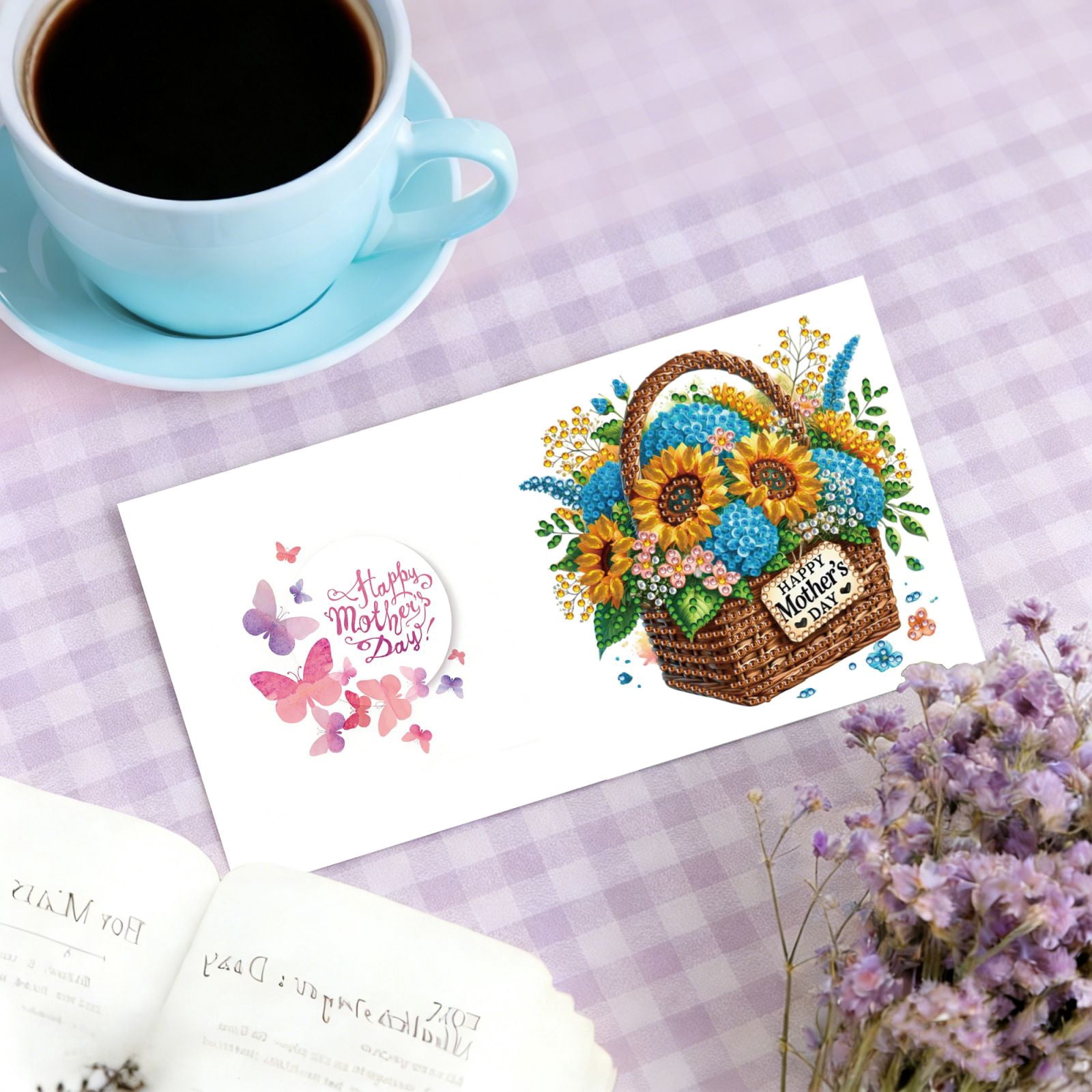 FLOPESN DIY Mother's Day Diamond Art Greeting Card Kit with White Envelope, 5.91X11.81in Flower Basket Theme, Creative Design Blessing Gift Folding Card Set