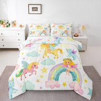 jejeloiu Magic Elf Unicorn Full Size Comforter Sets,Dreamy Fairy Tale World Bedding Comforter Set,Colorful Rainbow Bedding Sets For Girls,Breathable Home Decor Reversible,3pcs