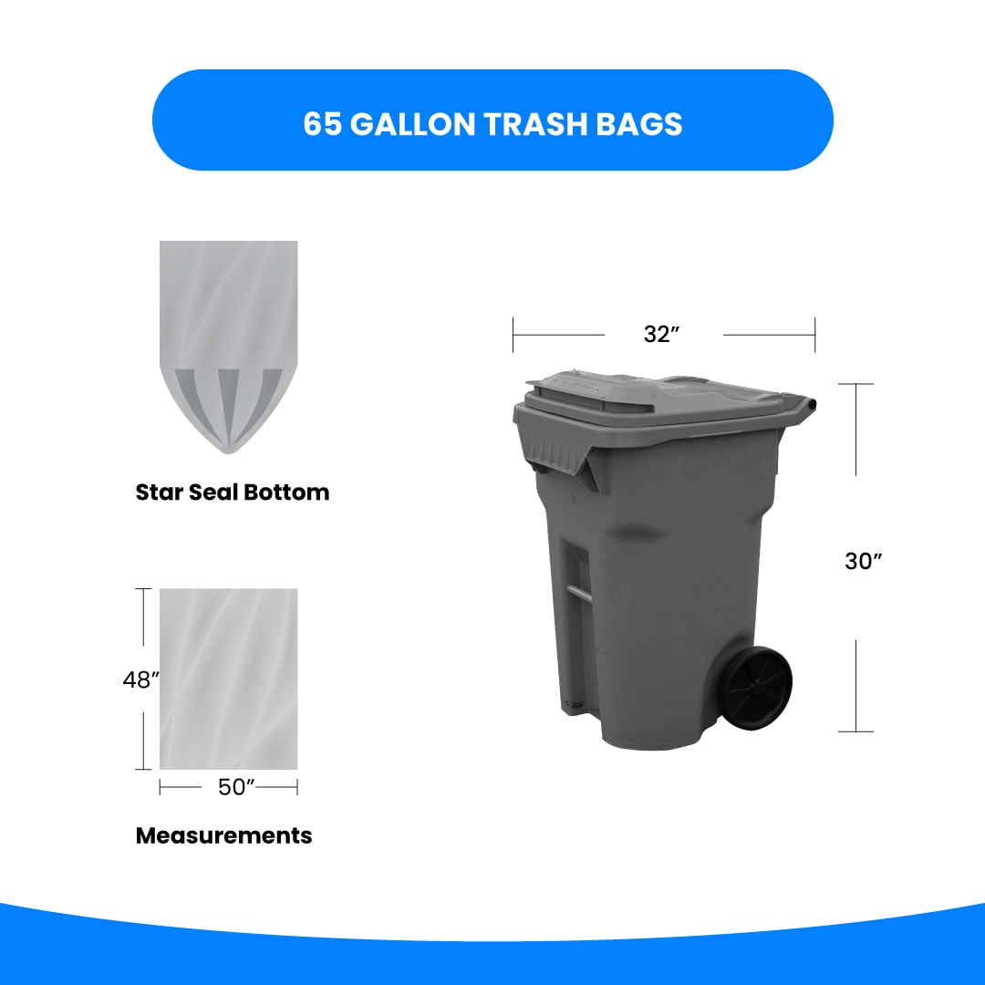 Veska Clear Trash Bags 65 Gallon, (50 Count w/Ties) Clear Recycling Plastic Garbage Bags