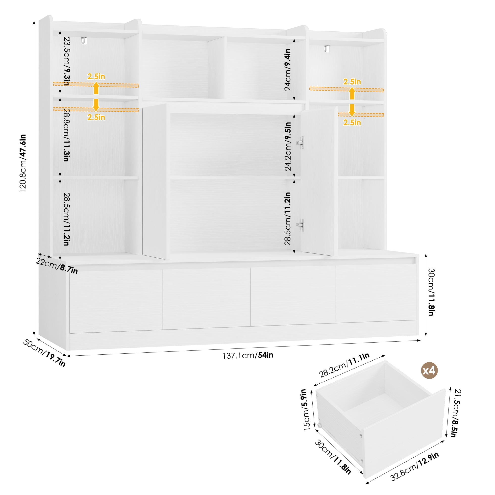 Homfa 10 Cubes Kids Toy Storage Organizer, 4 Drawers Kids Bookcase and Bookshelf with Doors & Adjustable Shelves for Playroom Kids Room, White