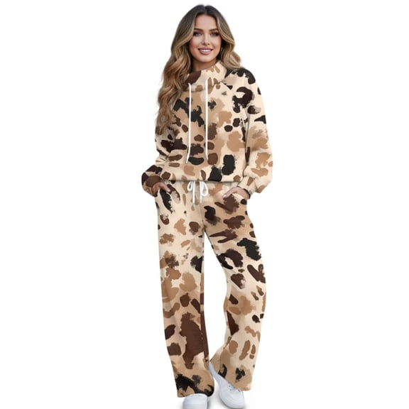 Psesaysky Womens Sweatsuits 2 Piece Sets Leopard Print Travel Outfits Trendy Drawstring Fall Matching Lounge Set Oversized Sweatshirt Wide Leg Pants, Size XS