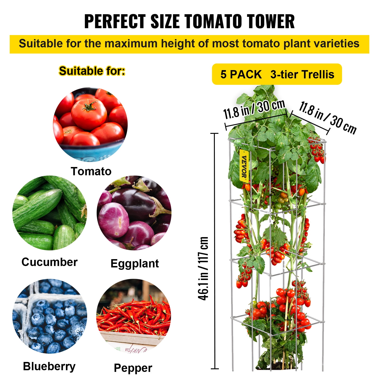 VEVOR 5 Pack Square Folding Tomato Cages 46" Plant Support Stake Tower Silver PVC-coated Steel Tomato Cage Towers for Tomato Plants, Eggplants, Cucumber, Climbing Plants