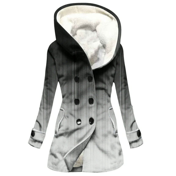 Plus Size Hooded Fleece Coat for Women Long Sleeve Button Jackets with Pockets Winter Casual Gradient Outerwear