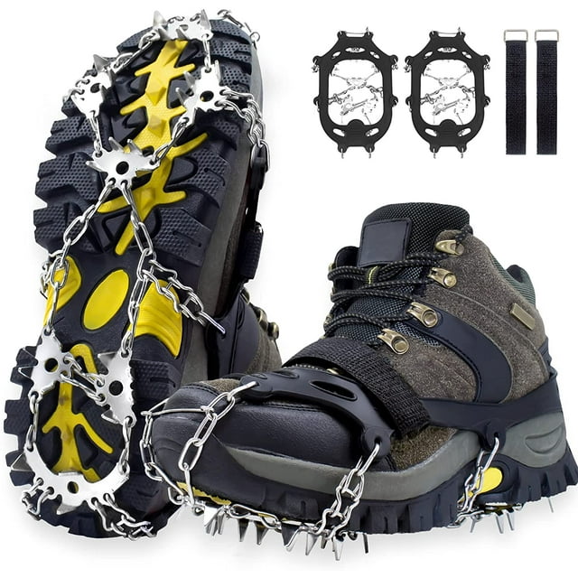 Crampons à Glace, 19 Pointes en Acier Inoxydable pour Bottes de Randonnée Chaussures Antidérapantes, Grande Protection pour Hommes Femmes Activités Hivernales Extérieur (Orange, TG)