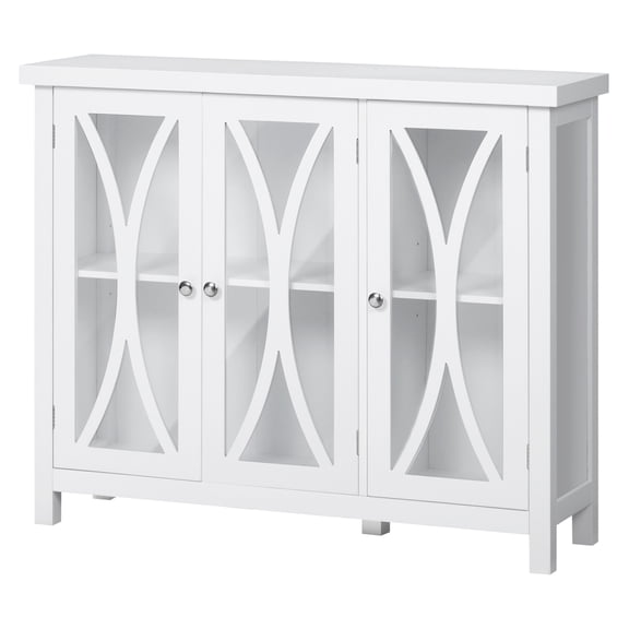 White Sideboard Buffet Cabinet with Glass Doors - Kitchen Credenza Storage, Adjustable Shelf - Dining Room Server, 40.25"