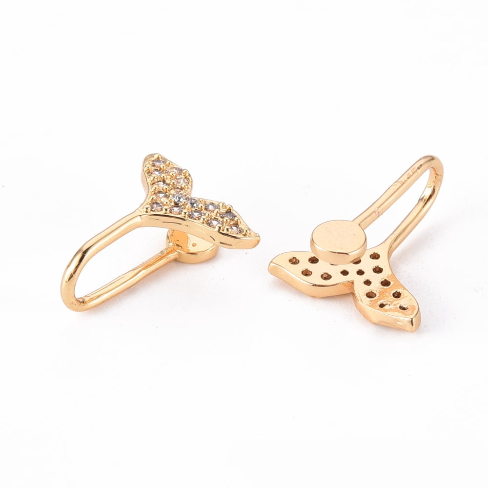 50pcs Brass Micro Pave Clear Cubic Zirconia Cuff Earrings Whale Tail Shape Nickel Free golden 16x13x1.5mm