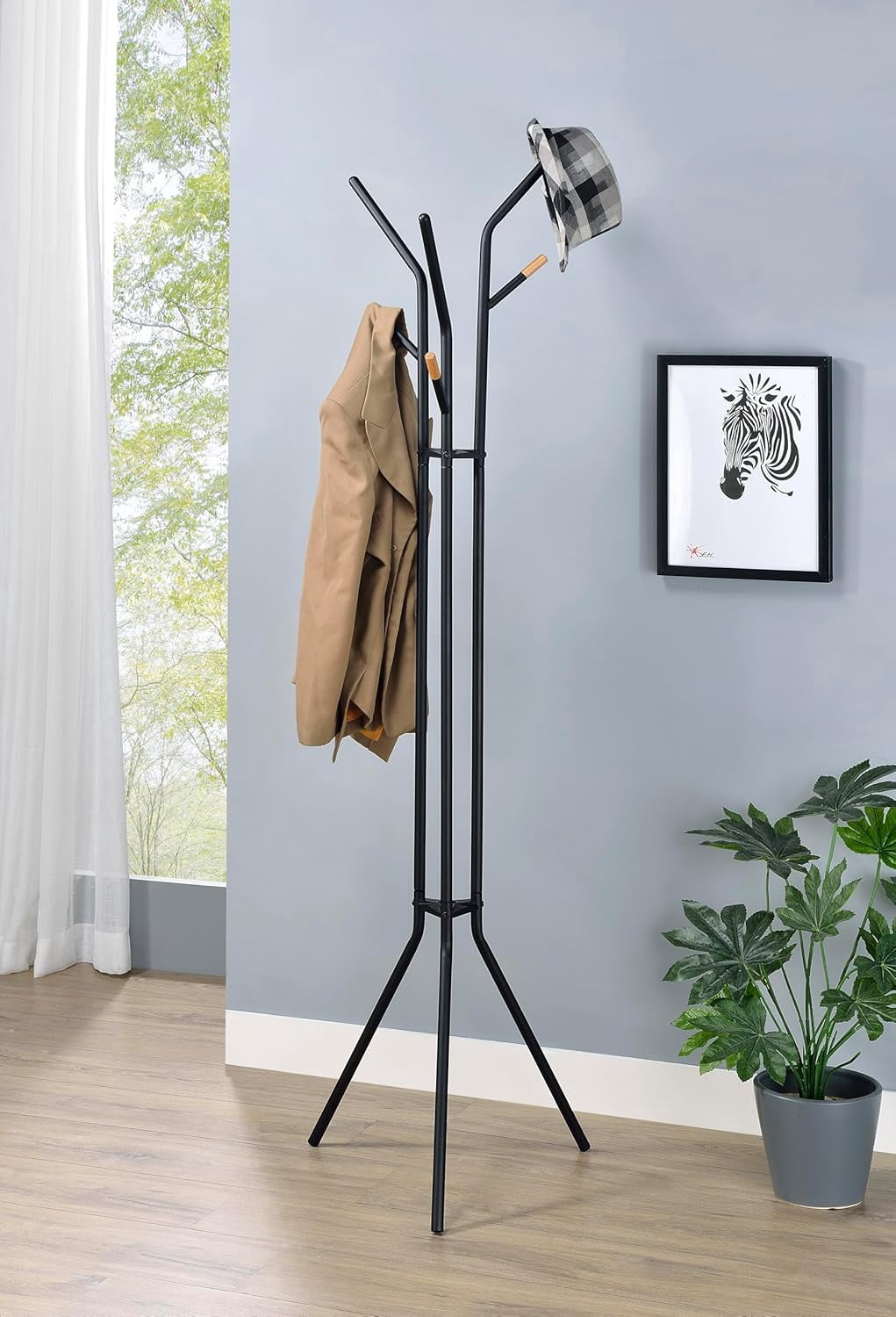 Proman Products Cali Tripod Metal Coat Tree Rack with 6 Hooks for Entryway, Office, Black