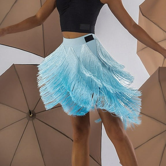 YOUSNH Latin Dance Skirt Women's 2024 New Spell Multi Layer Tassel Skirt National Standard Practice Women Skirt Blue L