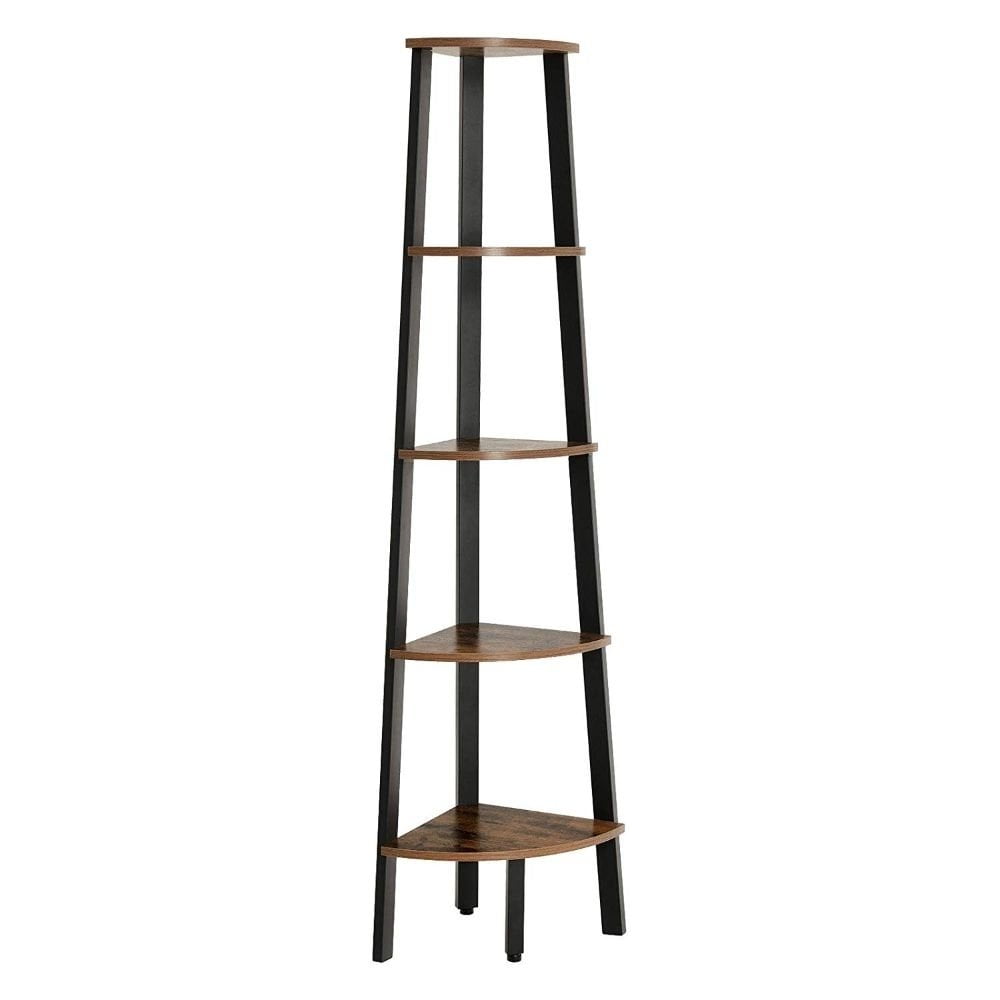 63 Inch Industrial Five Tier Wood Corner Shelf, Iron Frame, Rustic