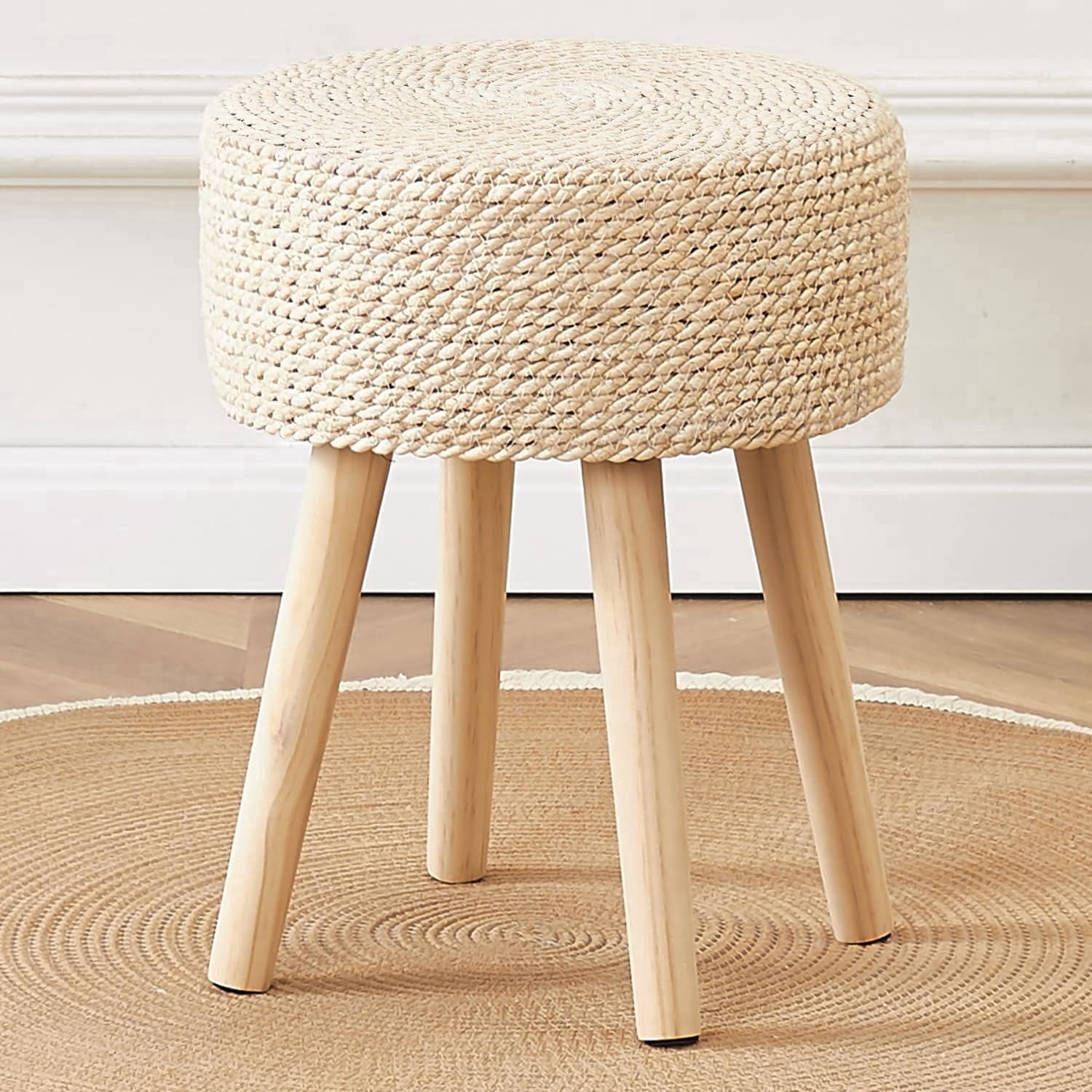 Casa Pura Furniture Round Ottoman Footstool Hand Woven Hyacinth Natural Seagrass Solid Wood Legs Off-White 13" L x 13" W x 16.3" H
