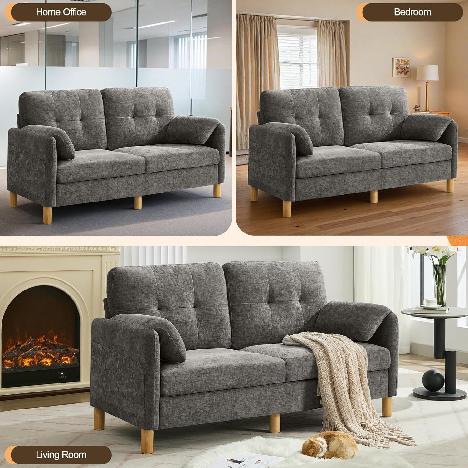 65" Chenille Loveseat Sofa, Modern 2-Seater Love Seat Couch with Armrest Pillows,Upholstered Tufted Loveseat Couches for Living Room Bedroom, Light Grey