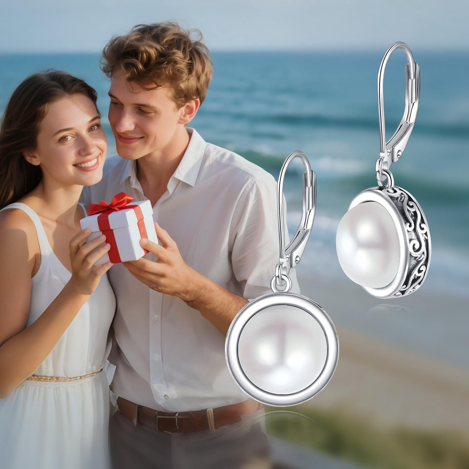 YAFEINI Pearl Earrings for Women Sterling Silver White Pearl Earring Lever back Dangle Earring Wedding Jewelry Birthday Gifts for Women