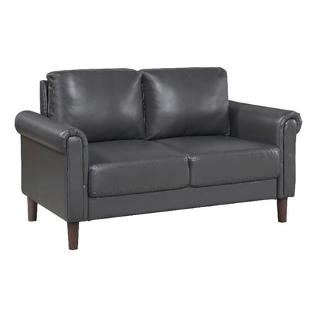 Lo Loveseat w Rolled Arms- Midcentury Dark Gray Faux Leather 57 Inch