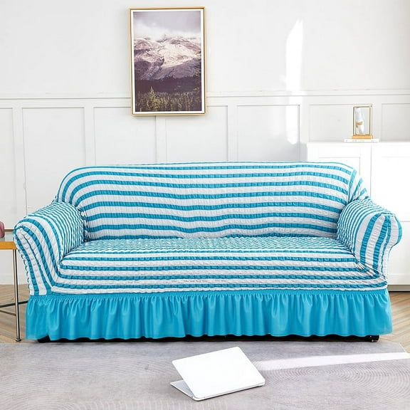 XmhyTop Sofa Cover for sofas Stretch Couch Covers for Living Room Easy Fit Washable Furniture Sofa Protector with Skirt,1 Piece (Blue White,1 Seat)