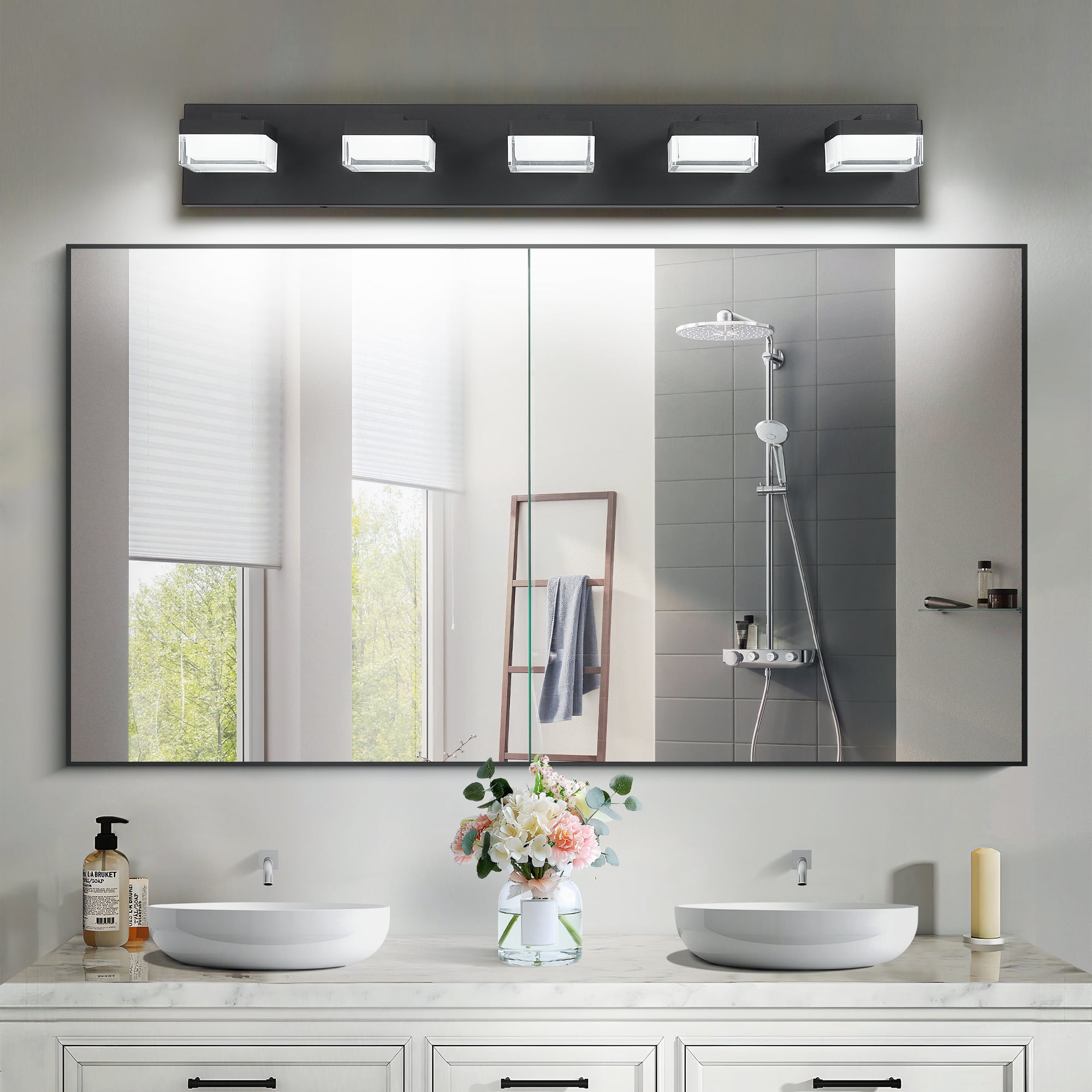 5 Light LED Modern Bathroom Lighting Fixtures Over Mirror 31.5in Dimmable Bathroom Vanity Light Fixture Matte Black