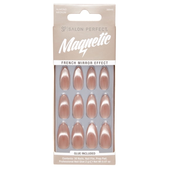 Salon Perfect Artificial Fake Press On Nails, 121 Magnetic Silver, Medium Almond, File, Glue, and Prep Pad Included, 30 Nails