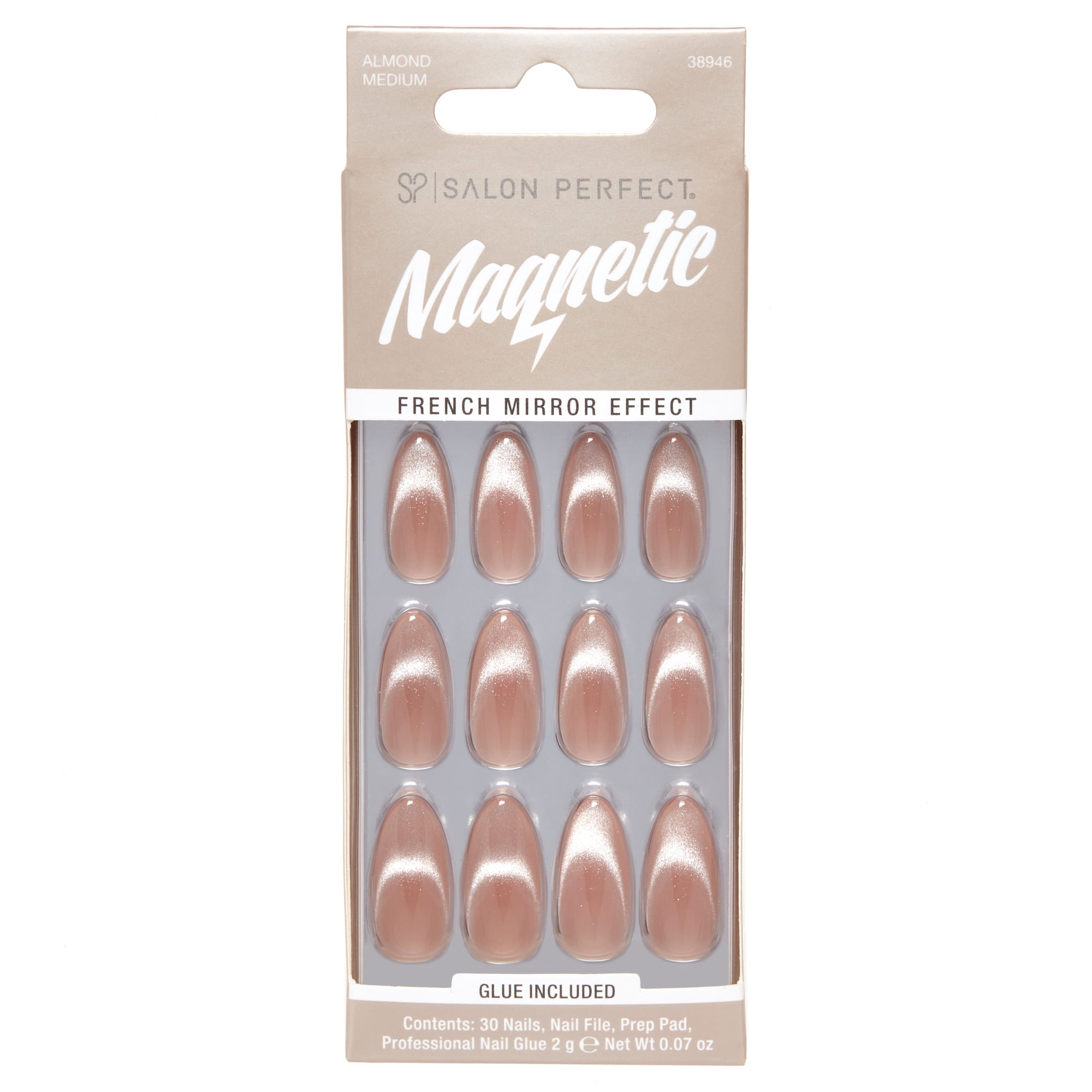 Salon Perfect Artificial Fake Press On Nails, 121 Magnetic Silver, Medium Almond, File, Glue, and Prep Pad Included, 30 Nails