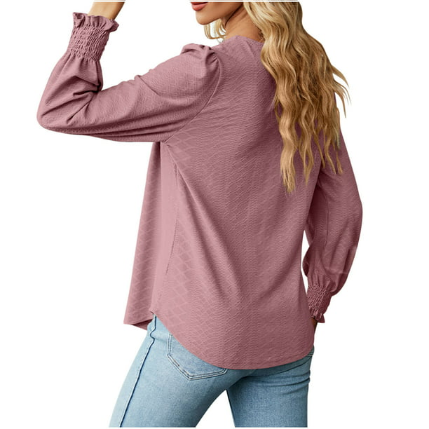 hoksml Womens Tops, Women's Fashion Deep Square - Neck Solid Button Long  Sleeve Blouse Shirt Top Fall Clothes Clearance 