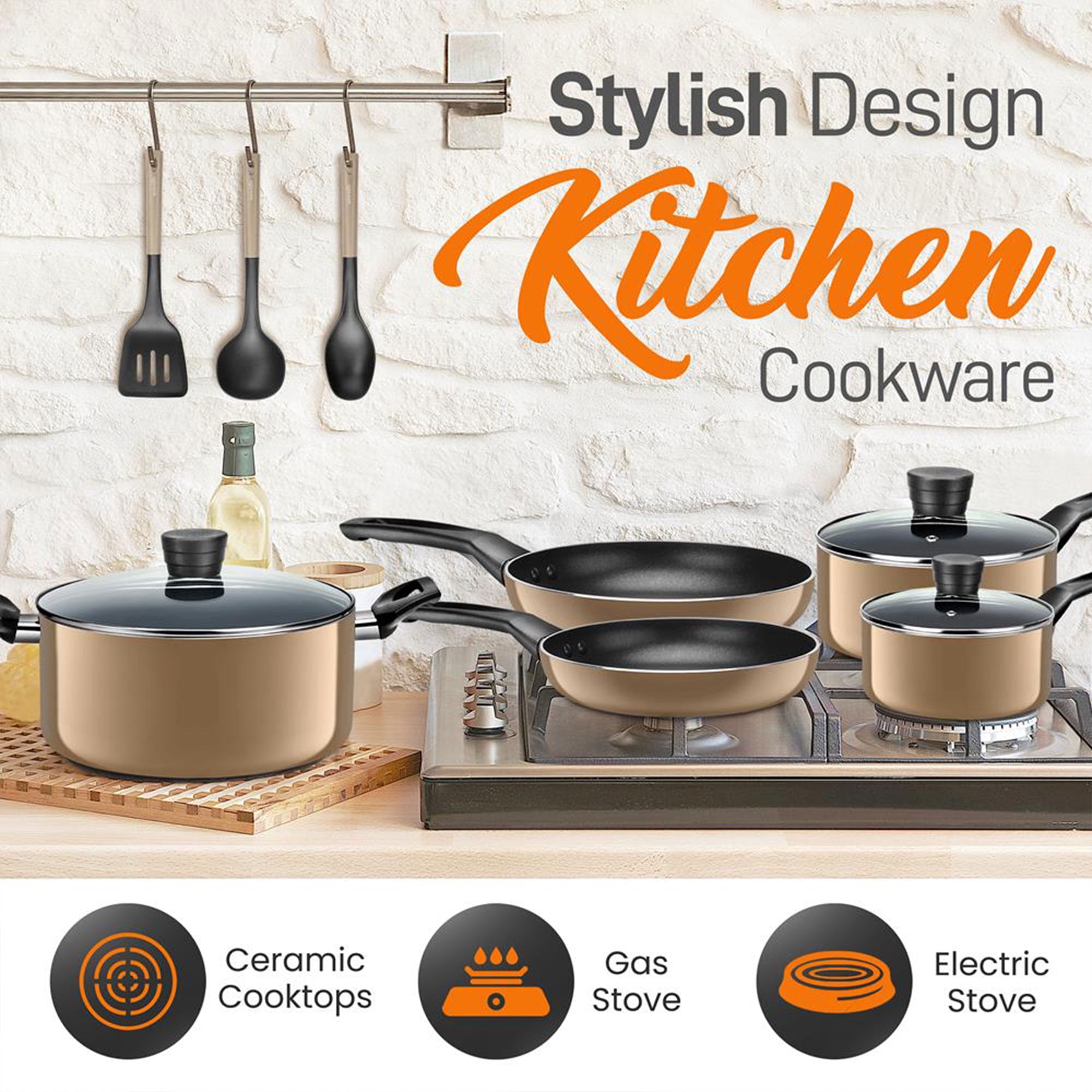 SereneLife 11 Piece Pots and Pans Non Stick Kitchenware Cookware Set, Gold