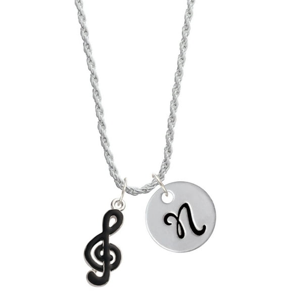 Delight Jewelry Silvertone Black Clef Silvertone Script Initial Disc - N - Charm Necklace, 20"+3"