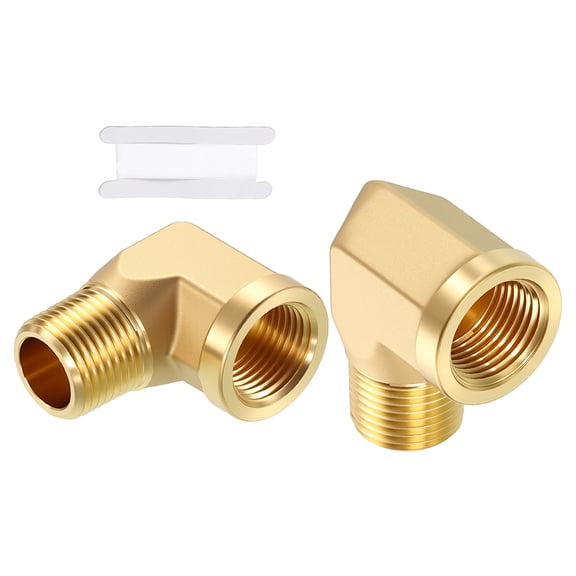 Uxcell 2 Pack Brass Pipe Fittings, 90 Degree 3/8" FeMale NPT to 3/8" Male NPT Barstock Street Elbow with Sealing Tape, Forged Pipe Fitting Connector for Air, Oil, LP, Fuel