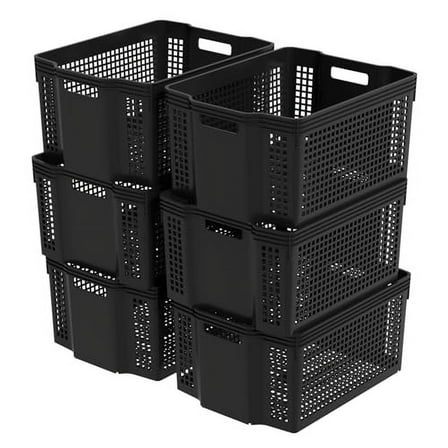 6 Pack Large Stackable Basket, Plastic Woven Basket Organizer, Black