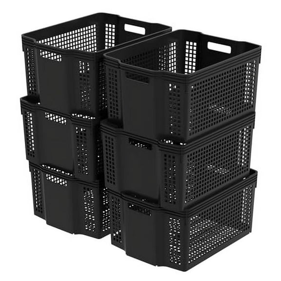 6 Pack Large Stackable Basket, Plastic Woven Basket Organizer, Black